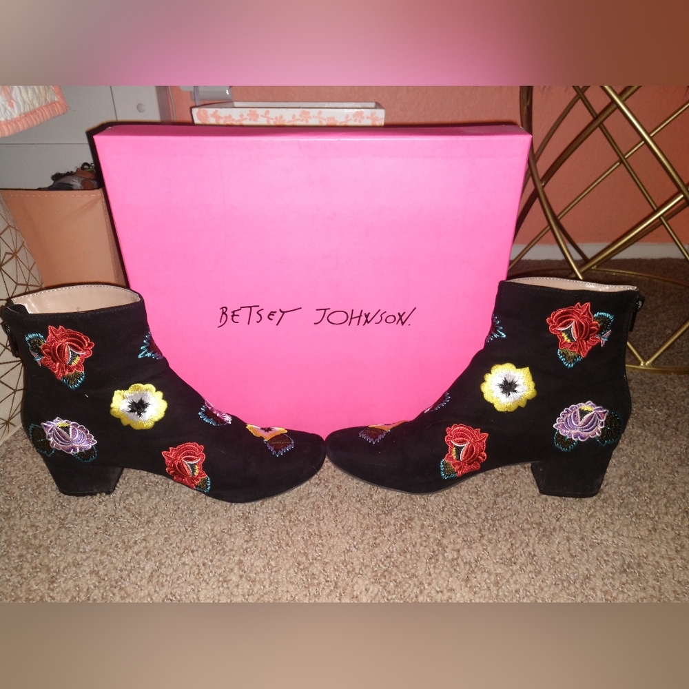 Betsey Johnson Floral Embroidered Faux Suede Ankle Booties